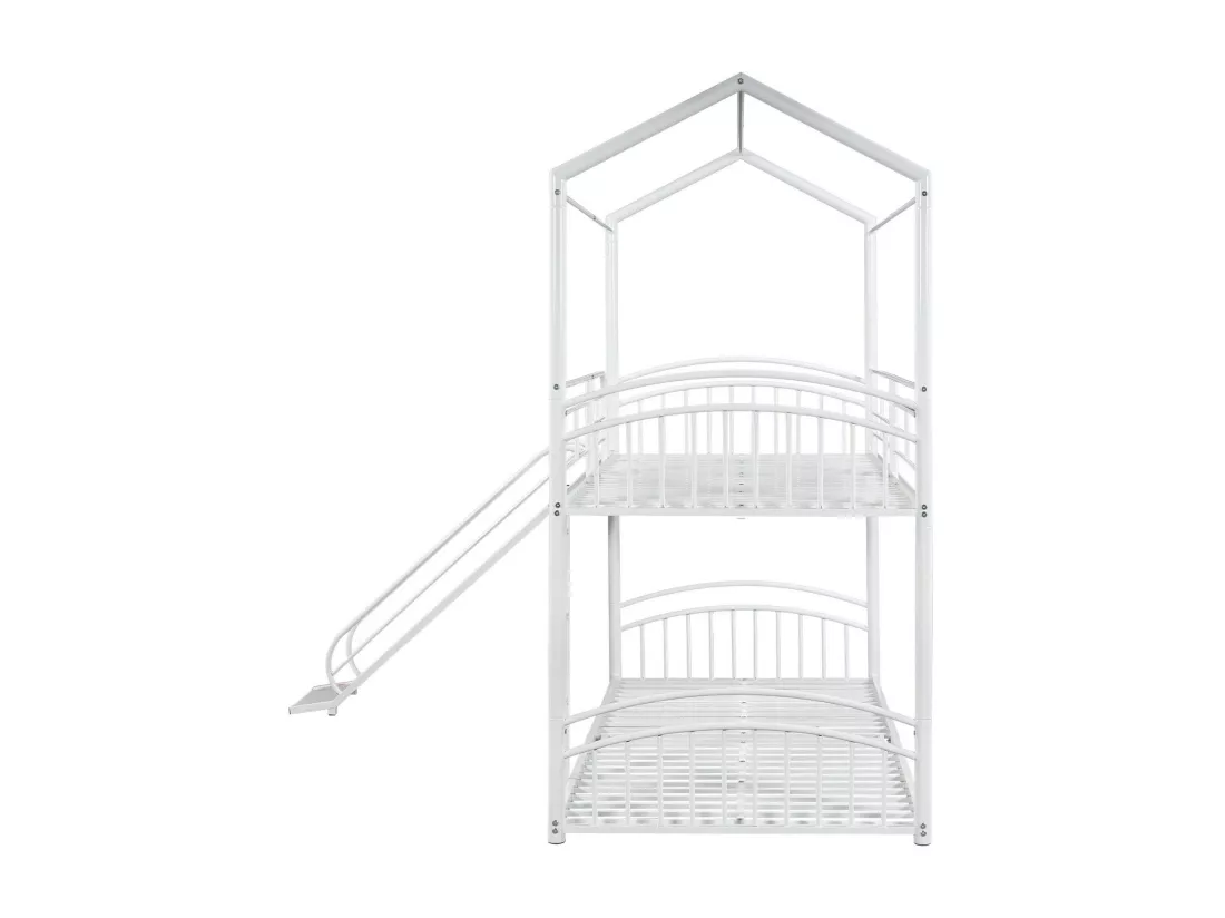 Lits superposés cabane 2 x 90 x 200 cm - avec toboggan - métal - EN747 certifié - Blanc - peut divisé en deux lits simples