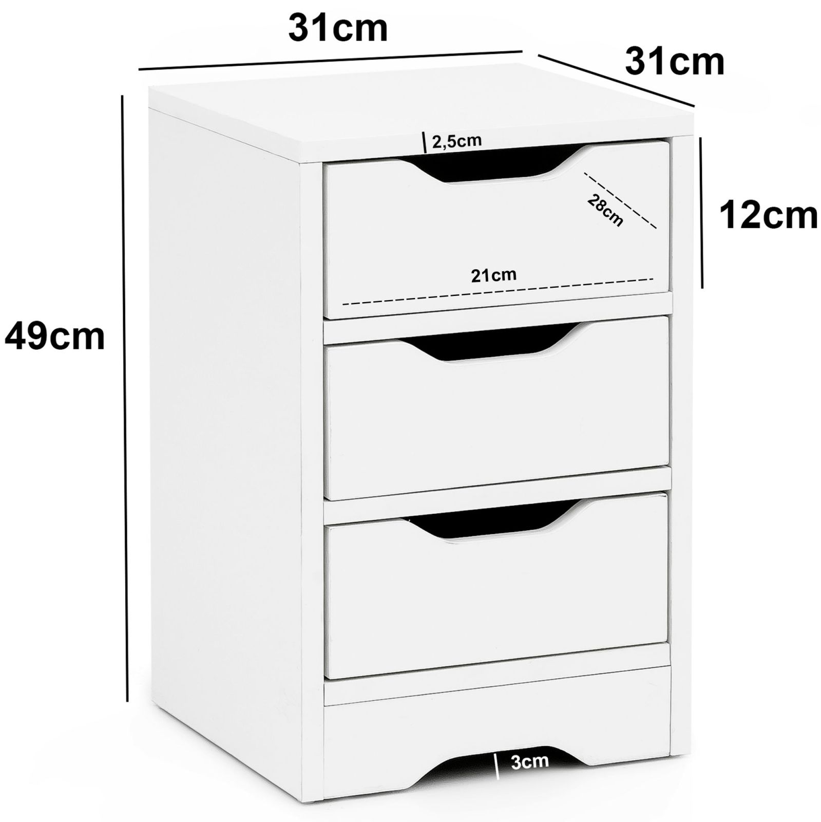 Nachtkonsole - weiß - 3 Schubkästen - 31 cm