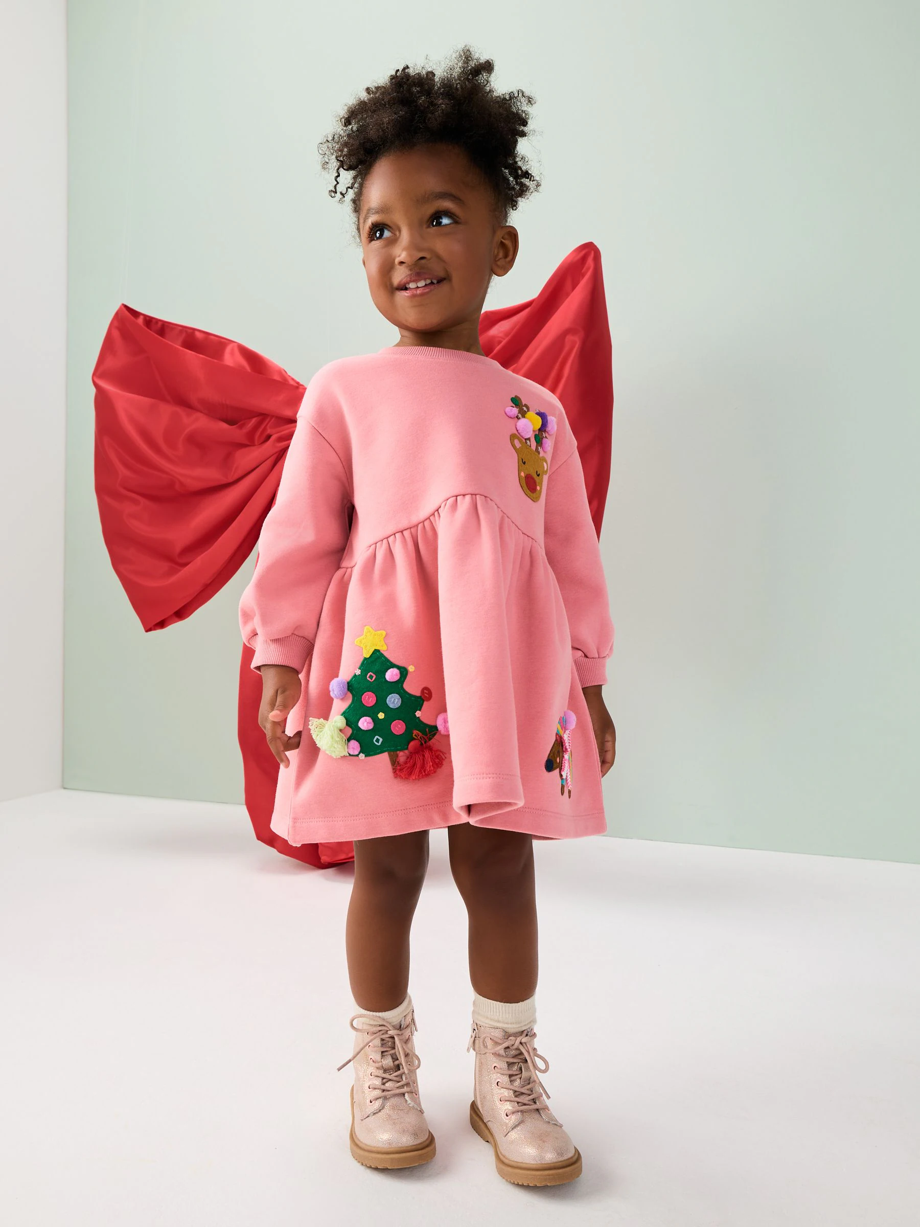 Roze Kerstmis - Sweatjurk met versiering (3mnd-7jr)