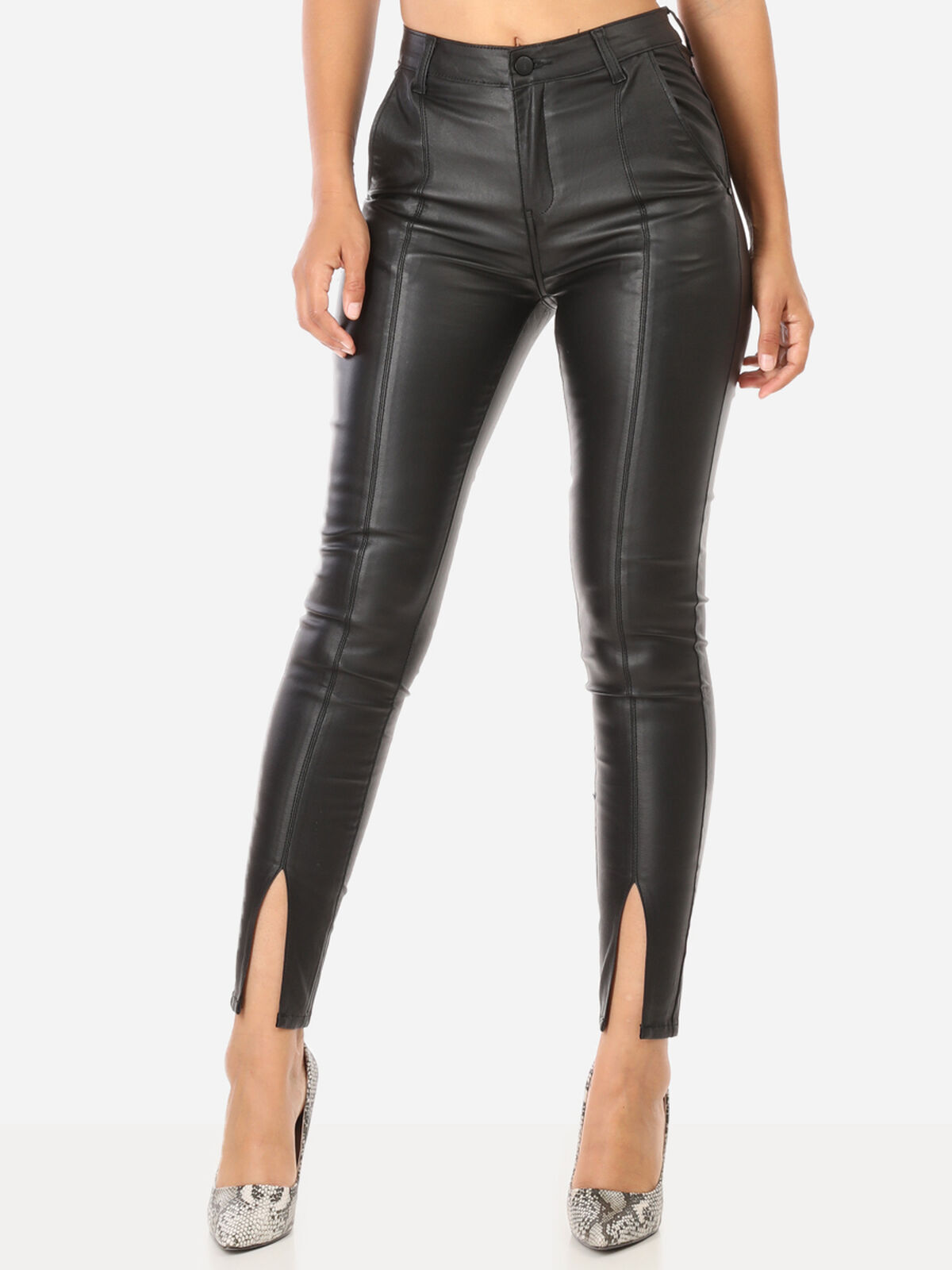 Pantalon skinny enduit à fentes- Noir