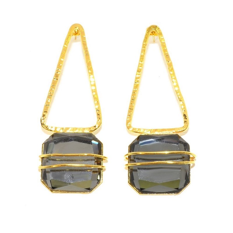 Boucles d'oreilles en plaqué or métalliques, longues et géométriques faites à la main avec pierre crystal - Bijou de créateur