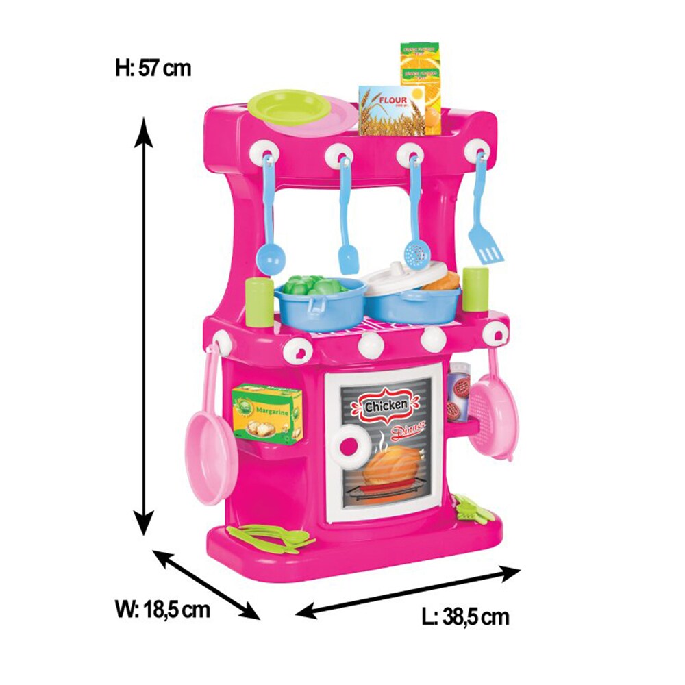 Pilsan Kinderküche in pink 57 cm 03335 mit Spielzeuggeschirr, Spiellebensmittel
