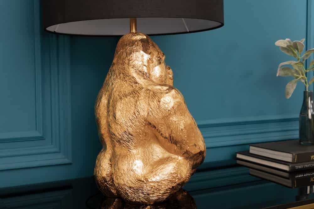Design Tischlampe KONG 60cm gold Metall Affenlampe schwarzer Lampenschirm