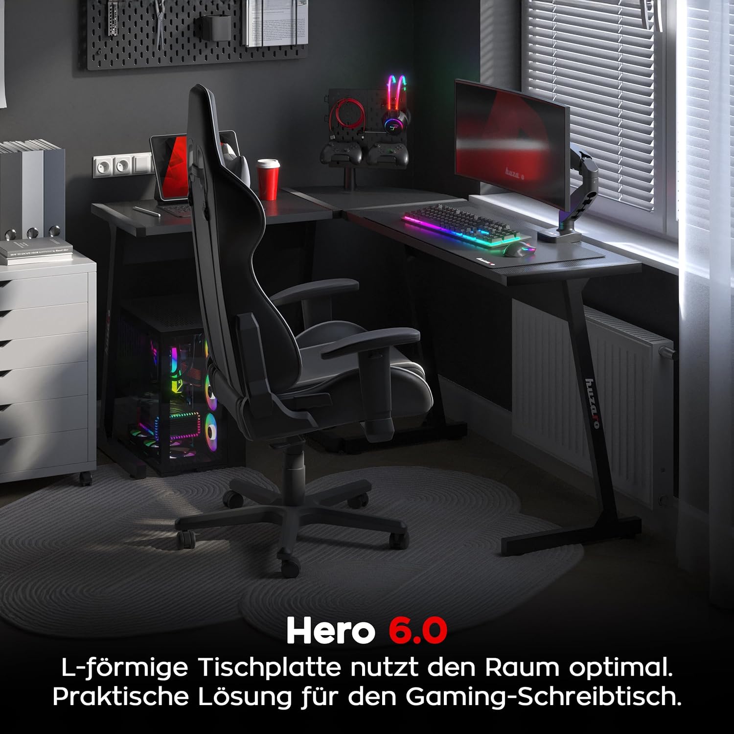huzaro Hero 6.0 Black – L-Form Eckschreibtisch Gaming Tisch Schreibtisch Computertisch Bürotisch – Homeoffice Arbeitszimmer Büro – Rechts Links Montage – Carbon Tischplatte – 147x112cm – Schwarz