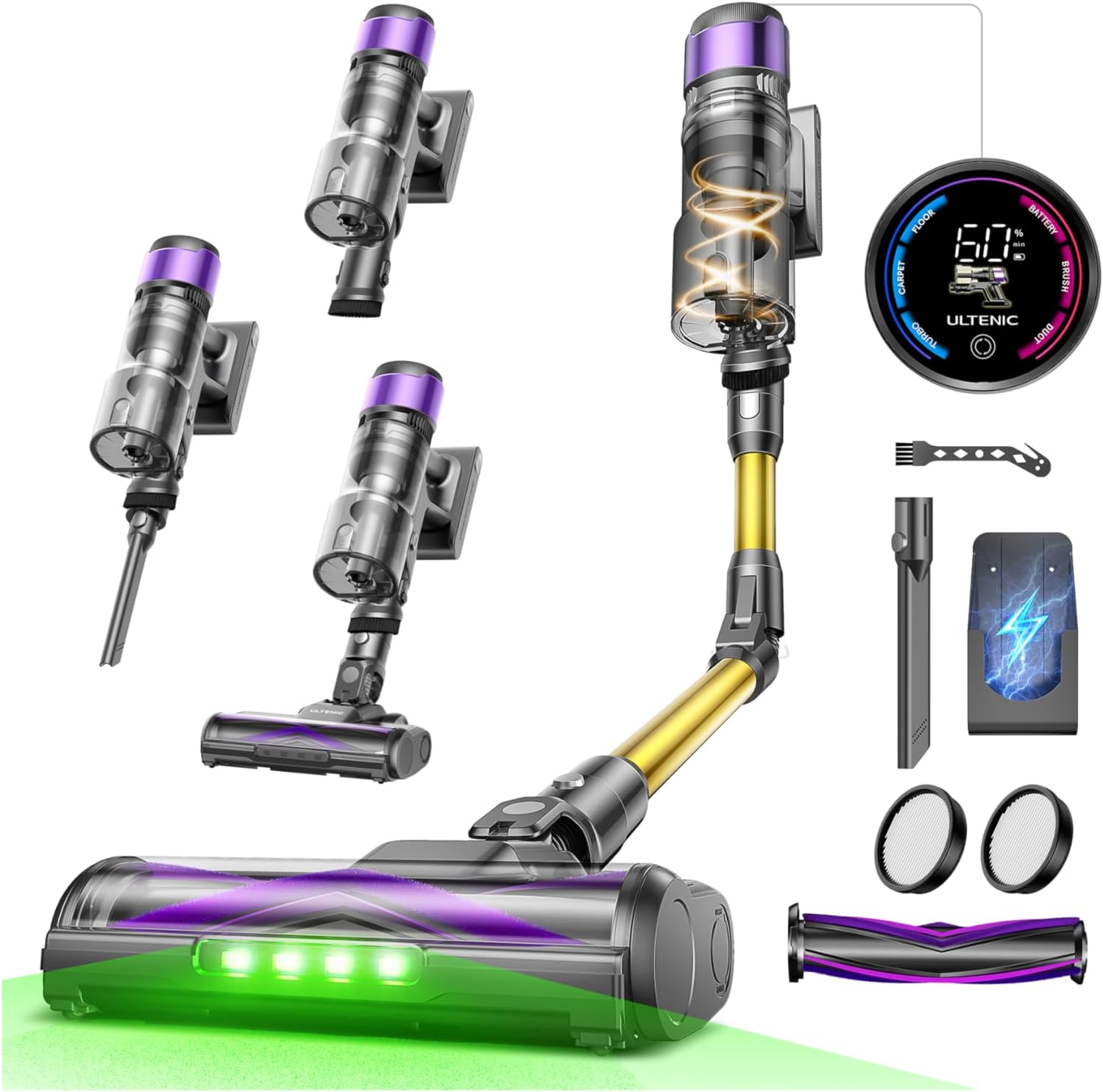 Ultenic U20 Akku Staubsauger, 55000Pa/ 600W/60Min Staubsauger Kabellos Mit Selbststehendes Design, Flexibles Biegegelenk, GreenEye-Technologie, Anti-Tangle Bodenbürste für Hartböden Teppiche Tierhaare