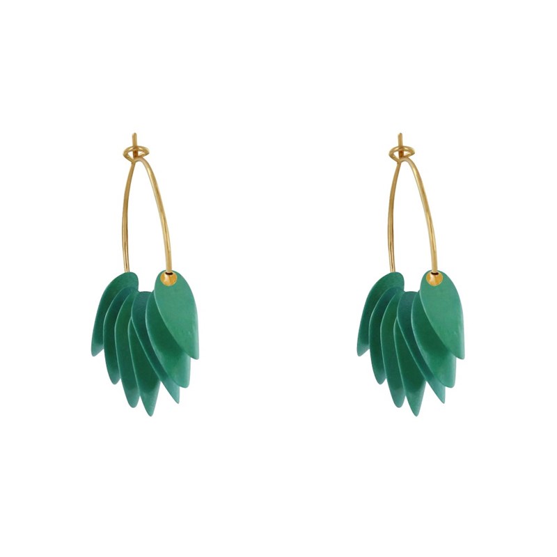 Boucles d'Oreilles Créoles en Acier Pétales en Bois