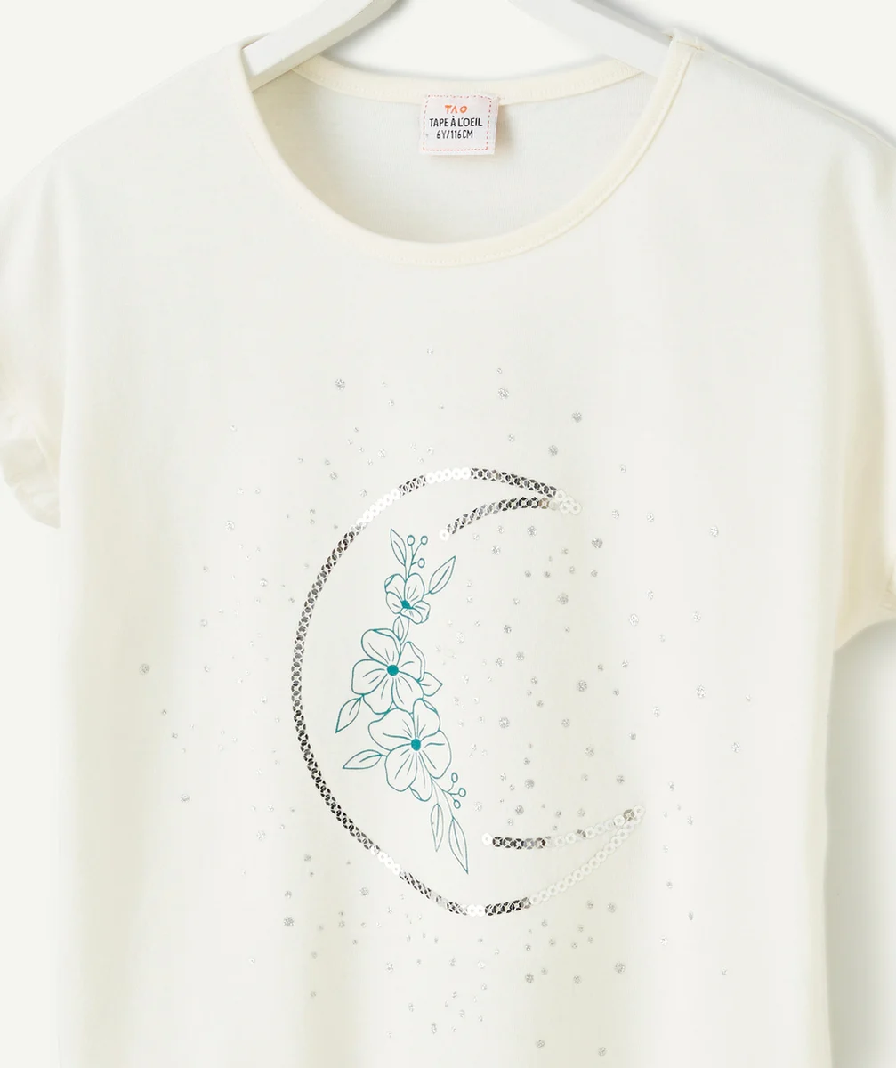 t-shirt manches courtes fille blanc en coton bio motif lune
