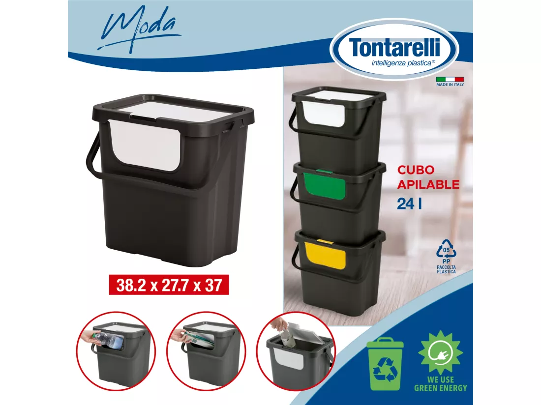 Set de 4 poubelles empilables avec poignée en quatre couleurs.