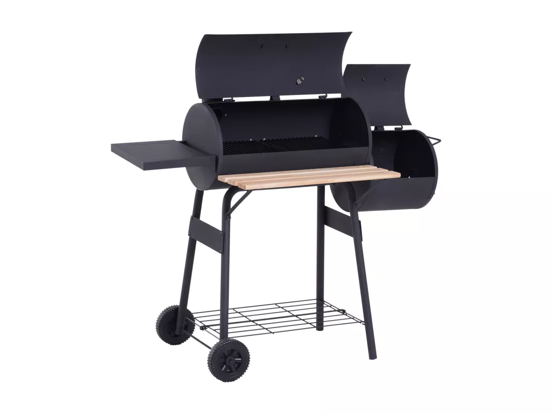 Barbecue à charbon fumoir BBQ grill smoker sur pied avec couvercle, roulettes, thermomètre, étagères acier laminé à froid noir