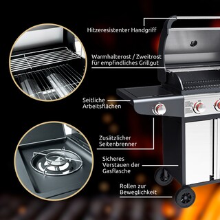 deluxe4home Gasgrill GRILLWAGEN XXL 131 x 54 cm silberfarbig /schwarz
