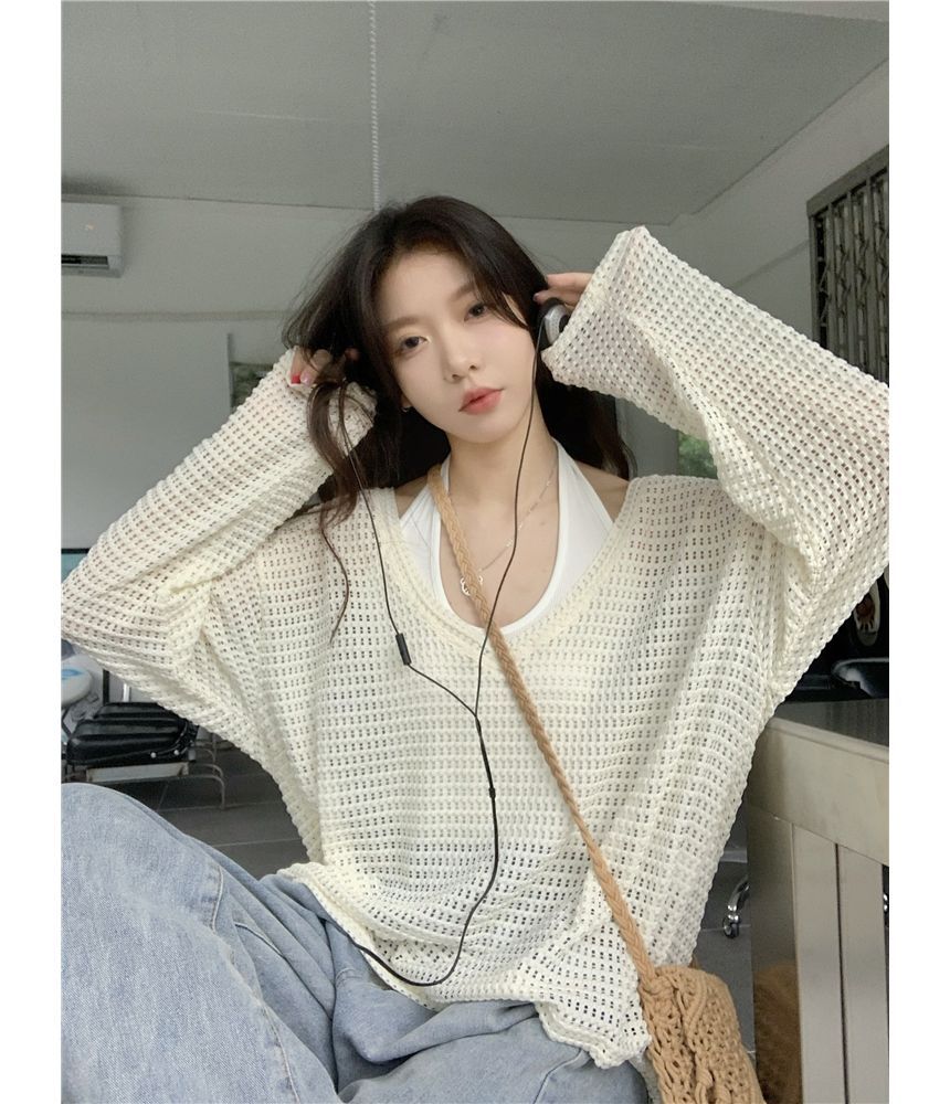 Kilopi - Halter Effen Crop Top / Lange Mouw V-hals Pointelle Brei Top