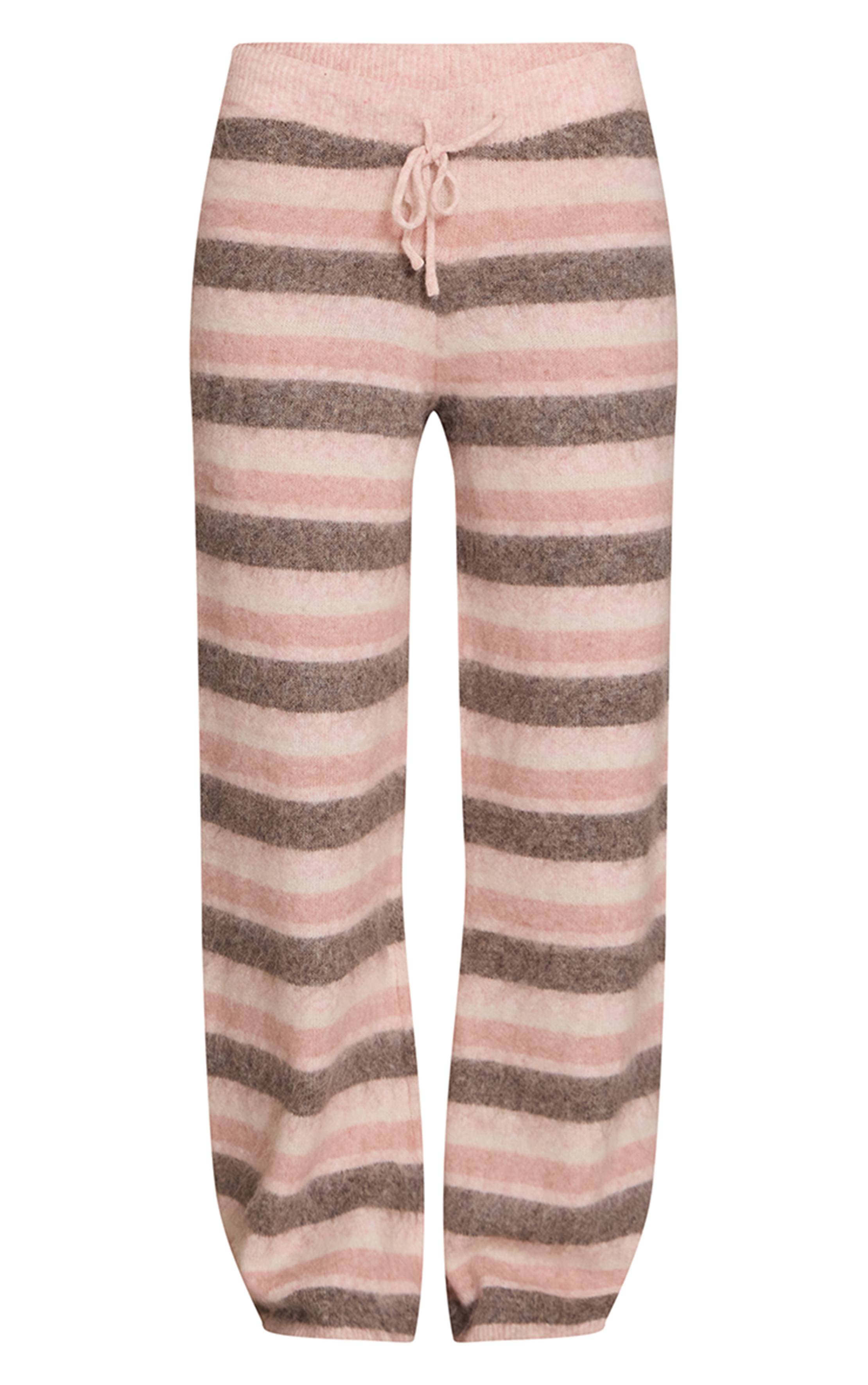 Rose Pantalon Large À Rayures En Maille Brossée