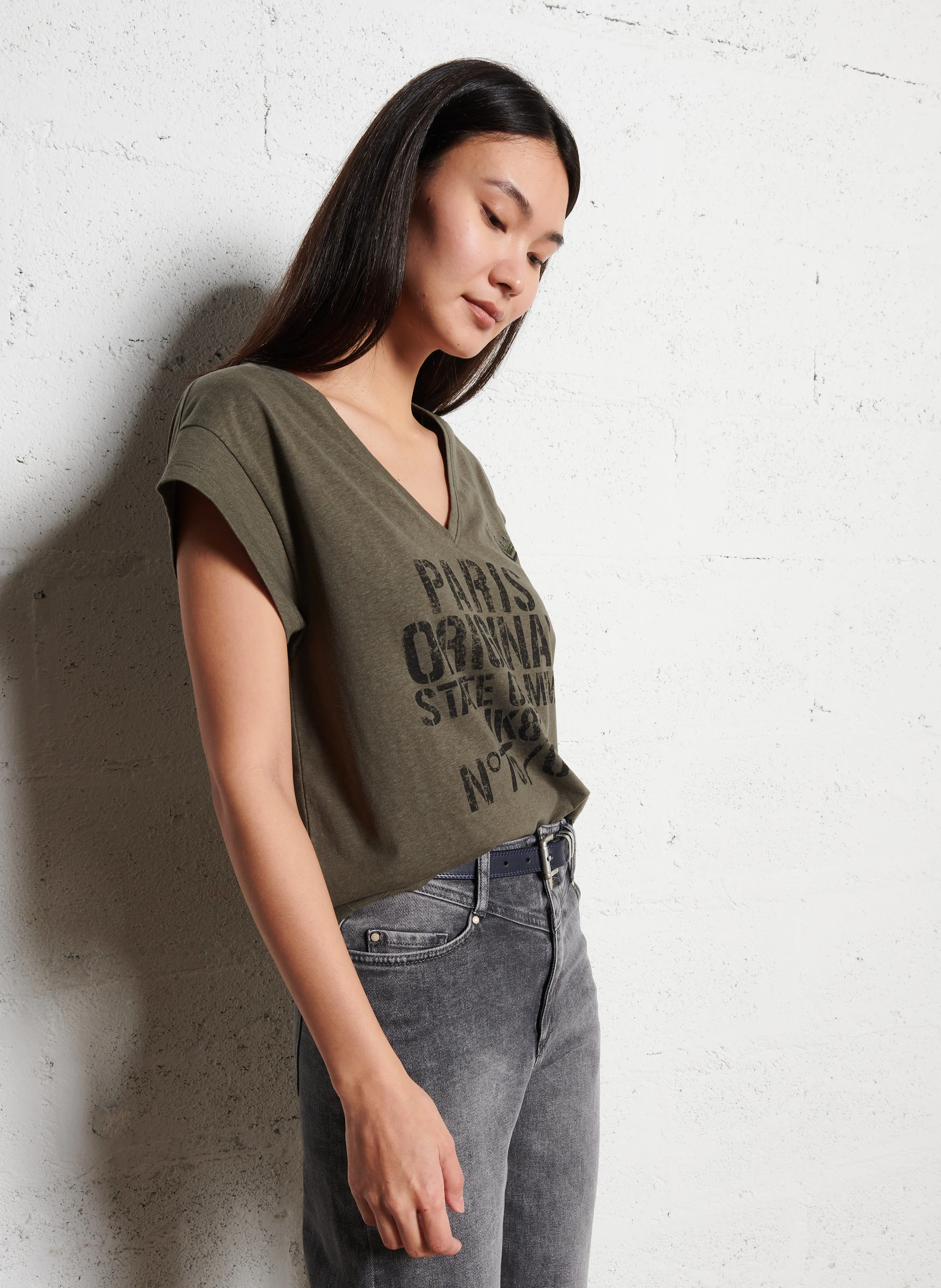 Tee-shirt imprimé en coton mélngé | Kaki