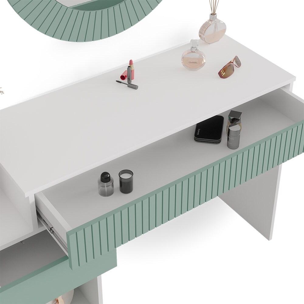 Vicco Schminktisch Frisiertisch Kosmetiktisch Arles Weiß Mintgrün Schminkspiegel Bank 120x77 cm Skandi Schlafzimmerkommode Schminkkommode Schublade Ablage Aufbewahrung Frisierkommode Make-Up-Tisch