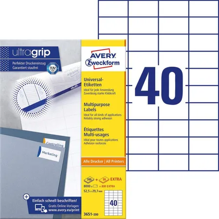 Avery Zweckform 3651-200 Universal-Etiketten,A4 mit ultragrip,52,5 x 29,7 mm, 220 Bogen/8.800 Etiketten, weiß