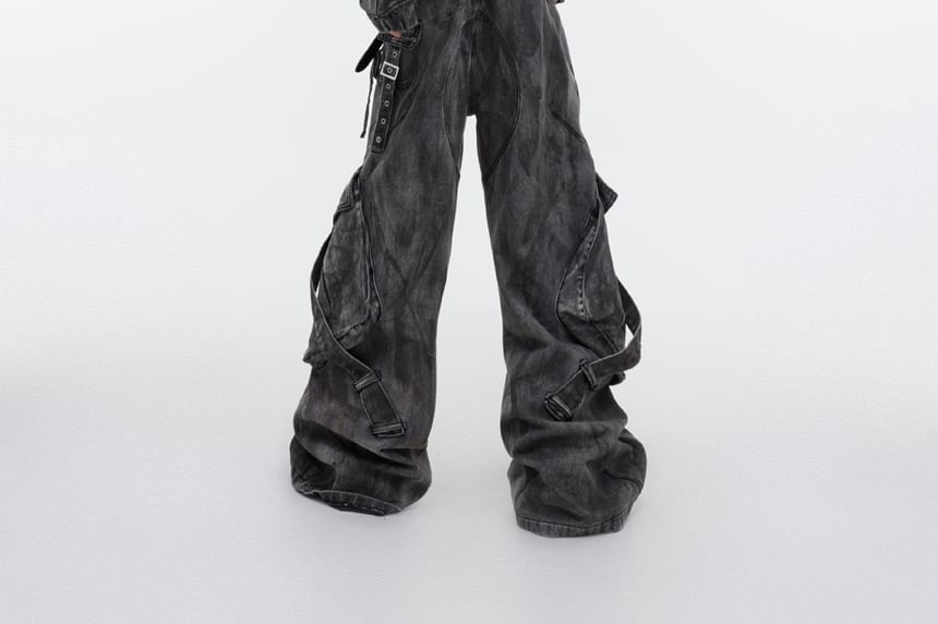 Nataro - Mid Rise Washed Wide Leg Cargo Jeans