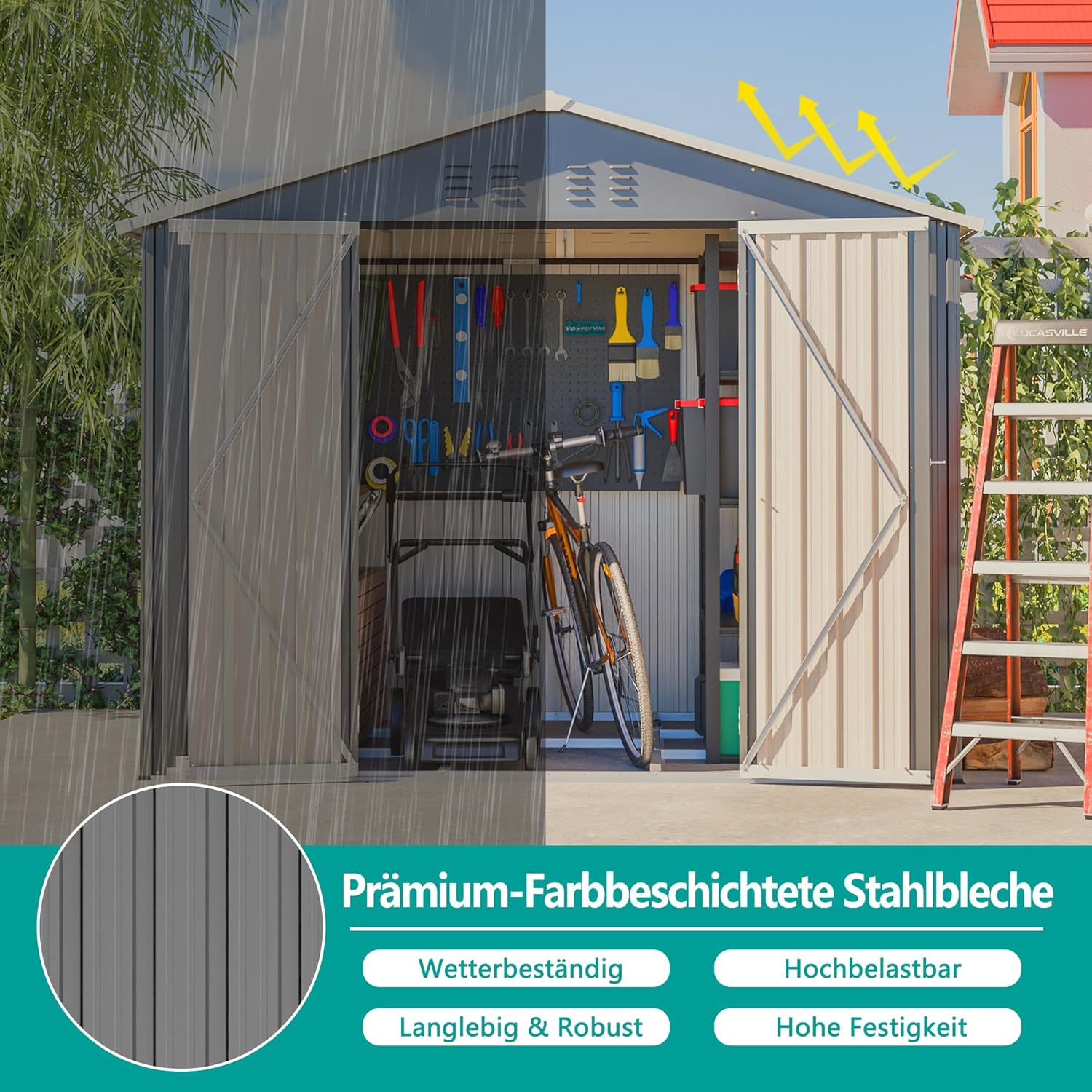 LANTRO JS Gerätehaus Metall 9m³, Geräteschuppen Metall Schuppen mit Klapptür, Gerätehäuser Blech für Werkzeugaufbewahrung, Grau 229.4x180x191cm