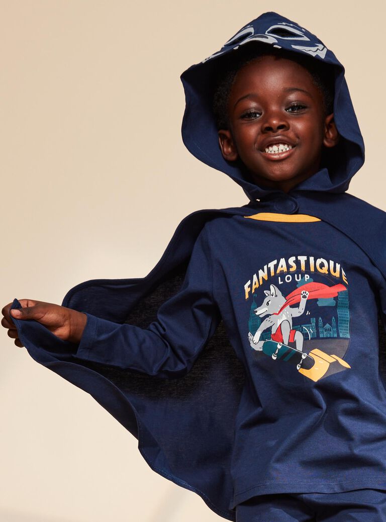 Pyjama deux pièces bleu foncé en coton avec cape tête de loup
