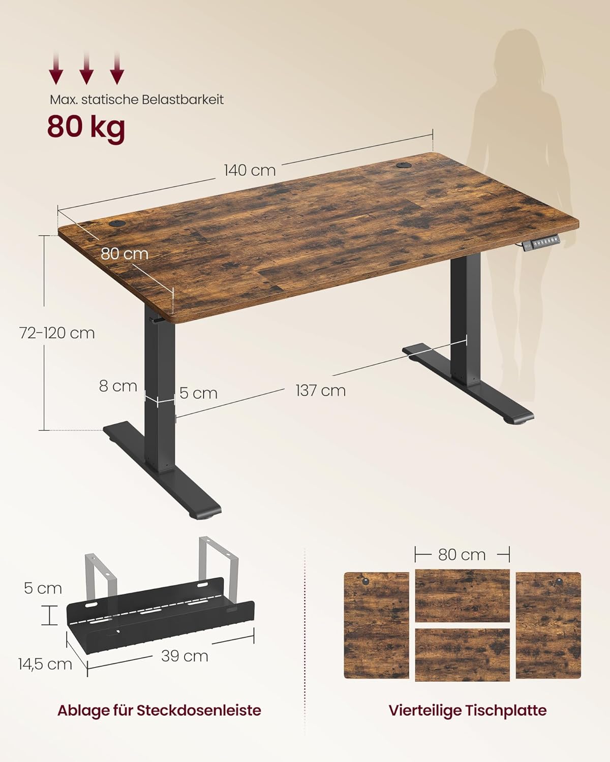 VASAGLE Höhenverstellbarer Schreibtisch, 140 x 80 cm, USB-C-Anschluss, Ablage für Steckdosenleiste, Stehtisch, Erinnerung bei langem Sitzen, 3 Speichertasten, für Büro, vintagebraun LSD144KD02