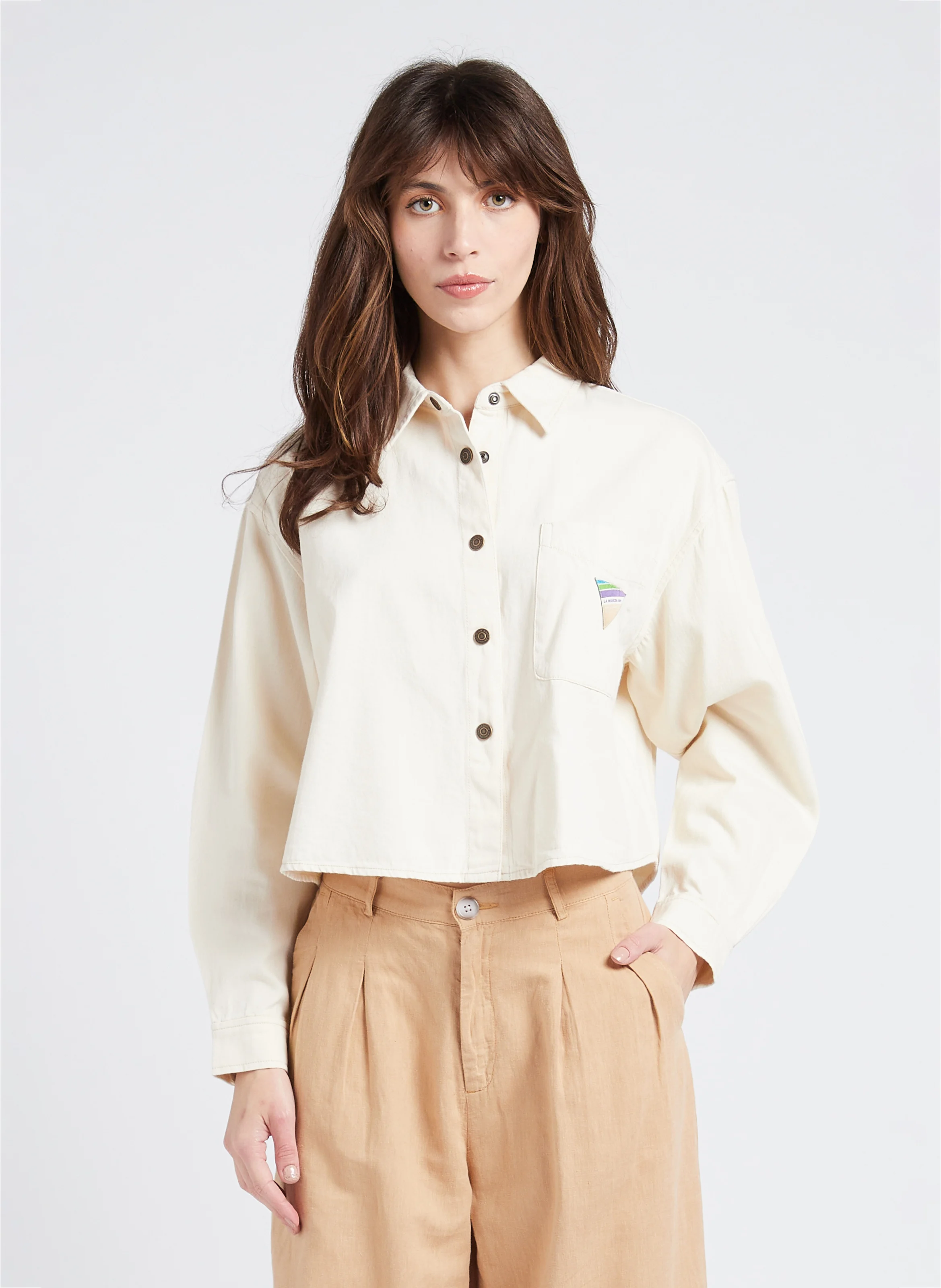 TIRABAY - Chemise courte ample col classique en coton | Beige