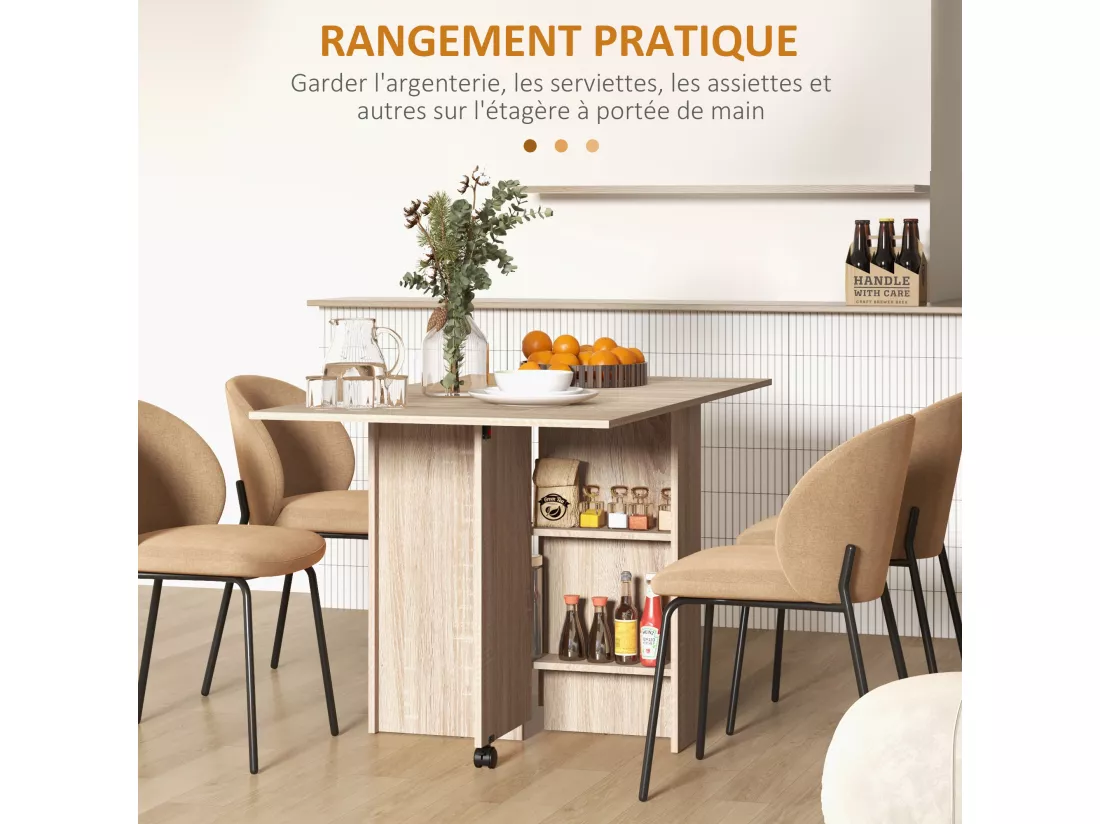 Table à manger pliante mobile sur roulettes avec 2 plateaux rabattables et 2 étagères intégrées - 140 x 80 x 74 cm naturel