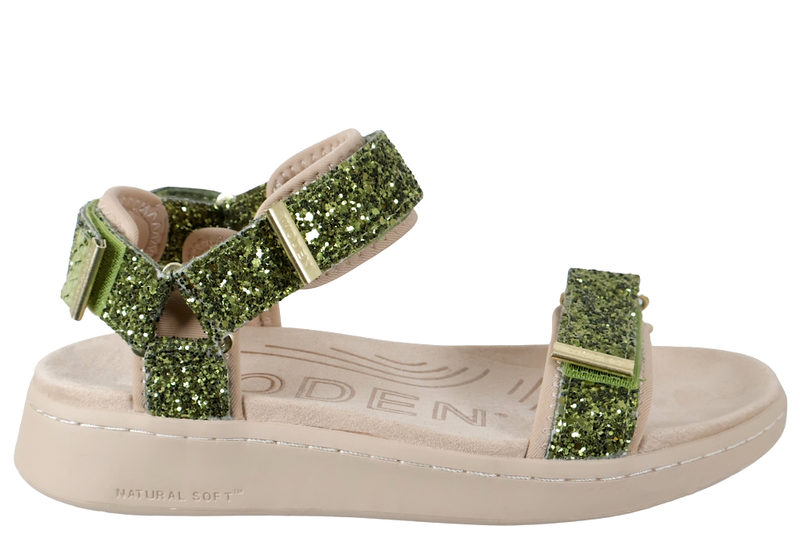 WODEN LINE GLITTER SANDAL I GRØNT TEKSTIL