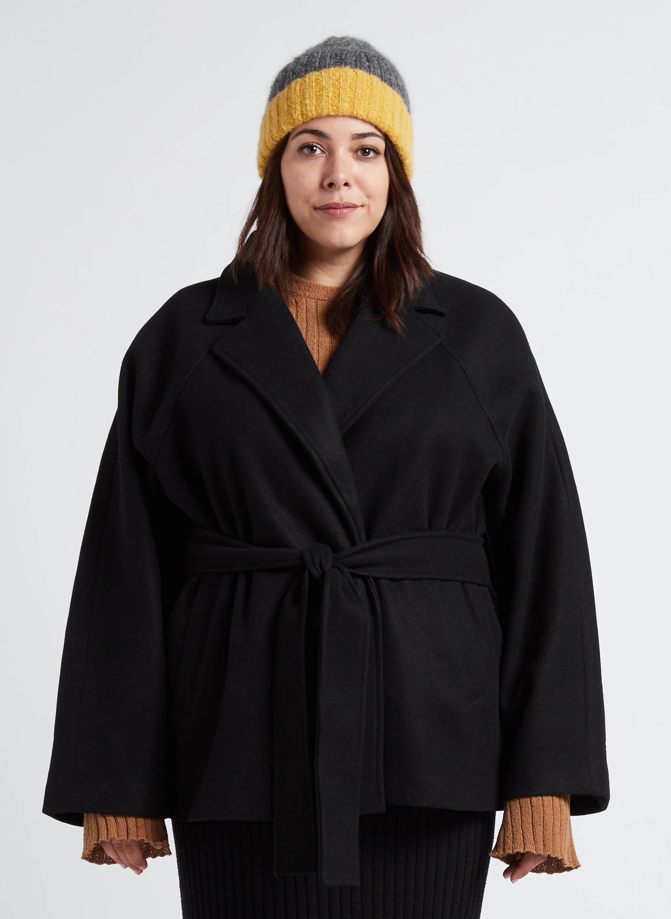 Manteau col tailleur ceinturé| Noir
