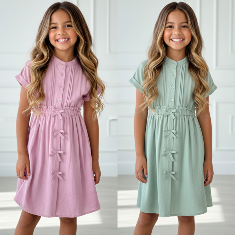 Sweet Bow Button Dress - roze en groen (verzenddatum 27 feb)