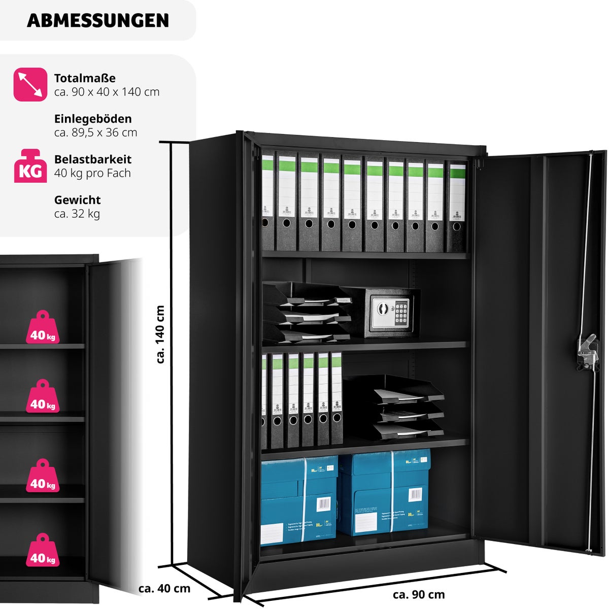 tectake archiefkast van gepoedercoat staal, 140 x 90 x 40 cm