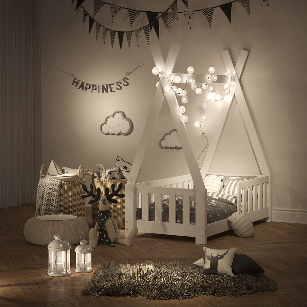 VITALISPA Kinderbett TIPI Indianer Bett Kinderhaus Holz Hausbett 70x140cm Weiß