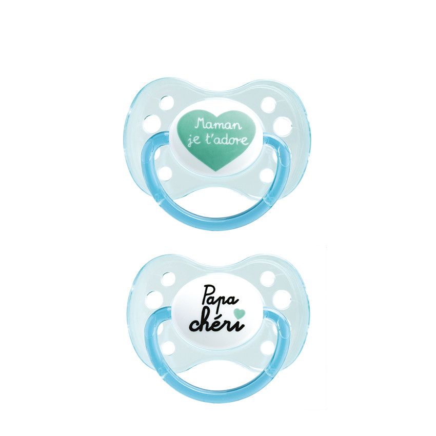 Lot de 2 sucettes duo silicone – Papa/maman - Bleu