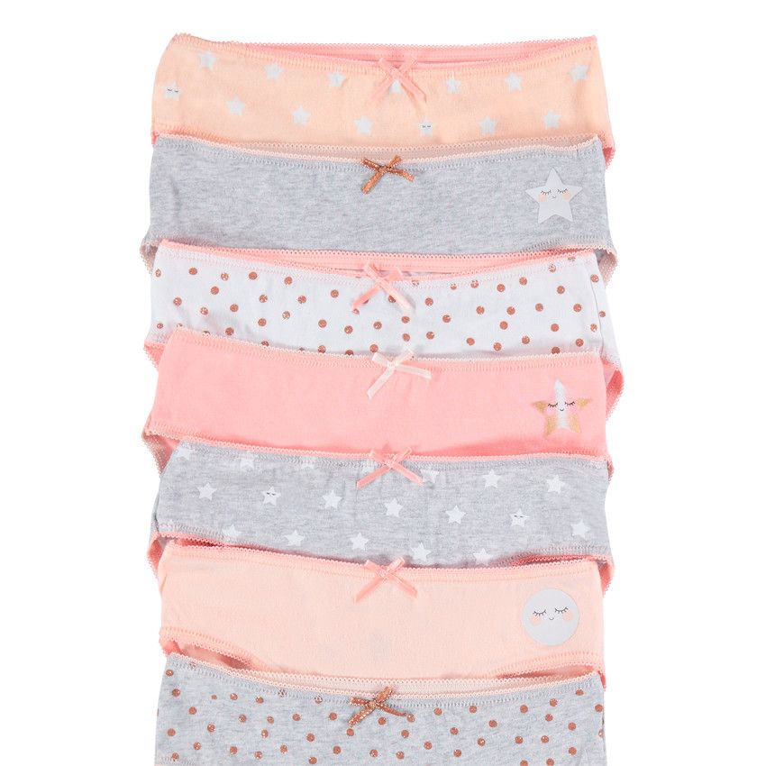 Lot de 7 culottes en coton avec étoiles et pois printés - Gris chiné