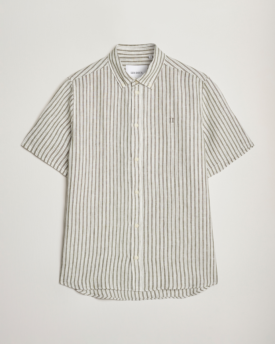 Les Deux Kris Linen Short Sleeve Shirt Ivory/Green