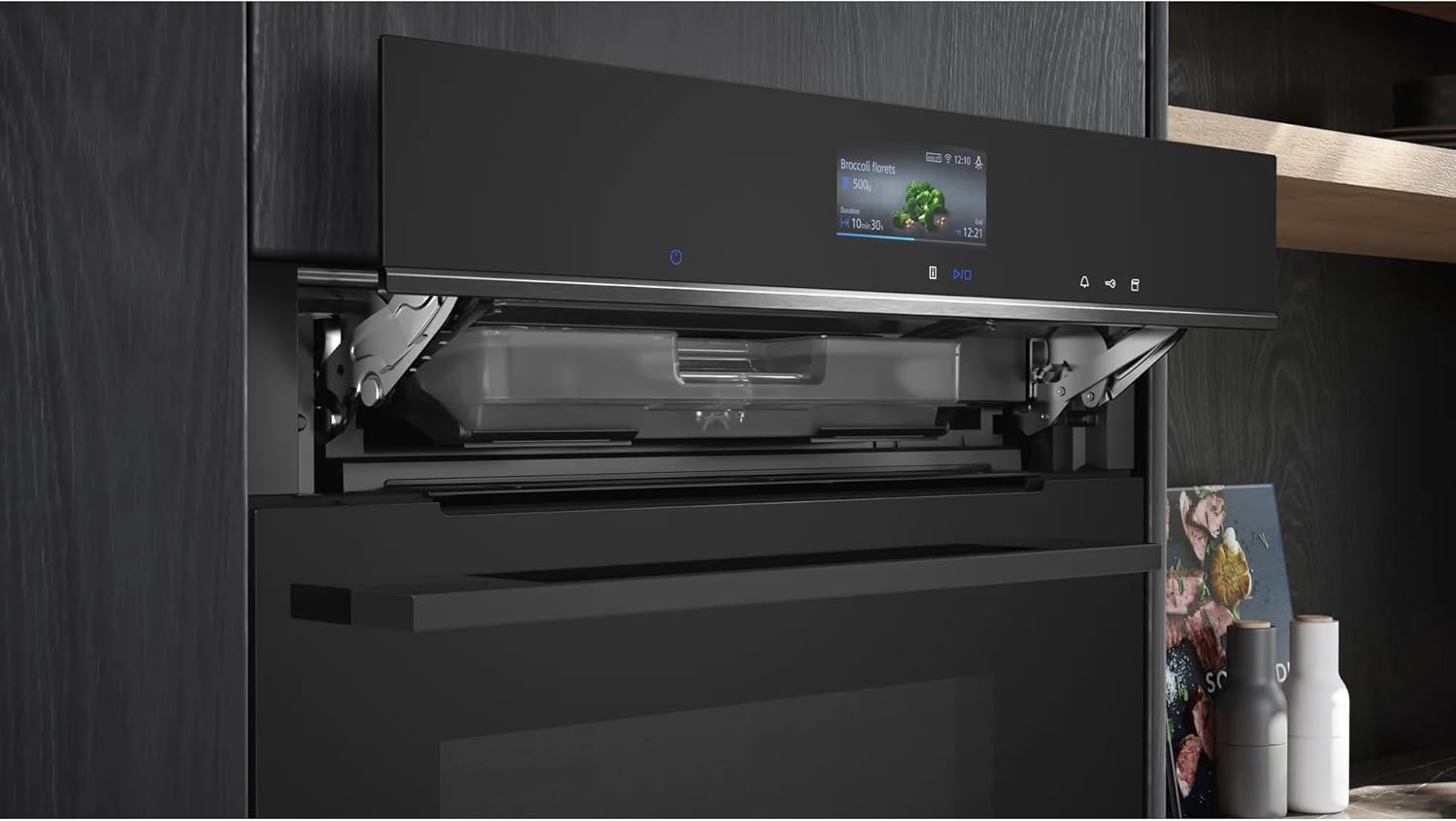 Siemens CS736G1B1, Smarter iQ700 Einbau-Kompaktdampfbackofen, 60 x 45 cm, Schwarz, Made in Germany, Dampfgaren, Hydrolyse Selbstreinigung, Touchscreen, Air Fry, 4D Heißluft, Backautomatik, Pizzastufe