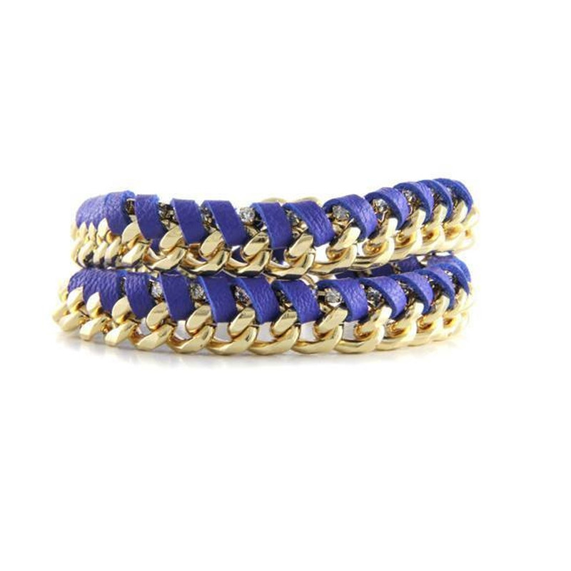 Ettika - Bracelet en Or Jaune, Cristal et Rubans Cuir Tressés Bleu