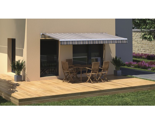 SOLUNA knikarmzonnescherm Trend 2,5x2 Stoffen design D422 Frame zilver geanodiseerd incl. motor, wandschakelaar en noodhandzwengel