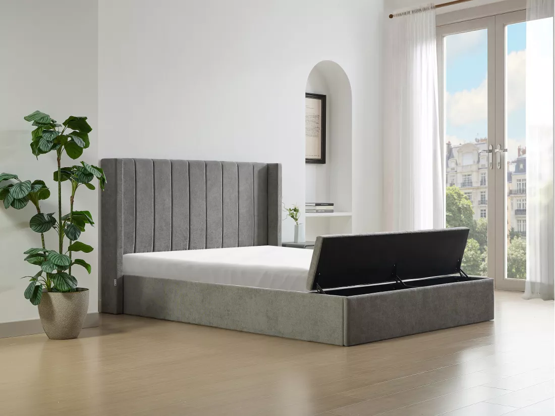 Lit coffre 140 x 190 cm avec banc - Tissu - Gris + Matelas - DOUINO