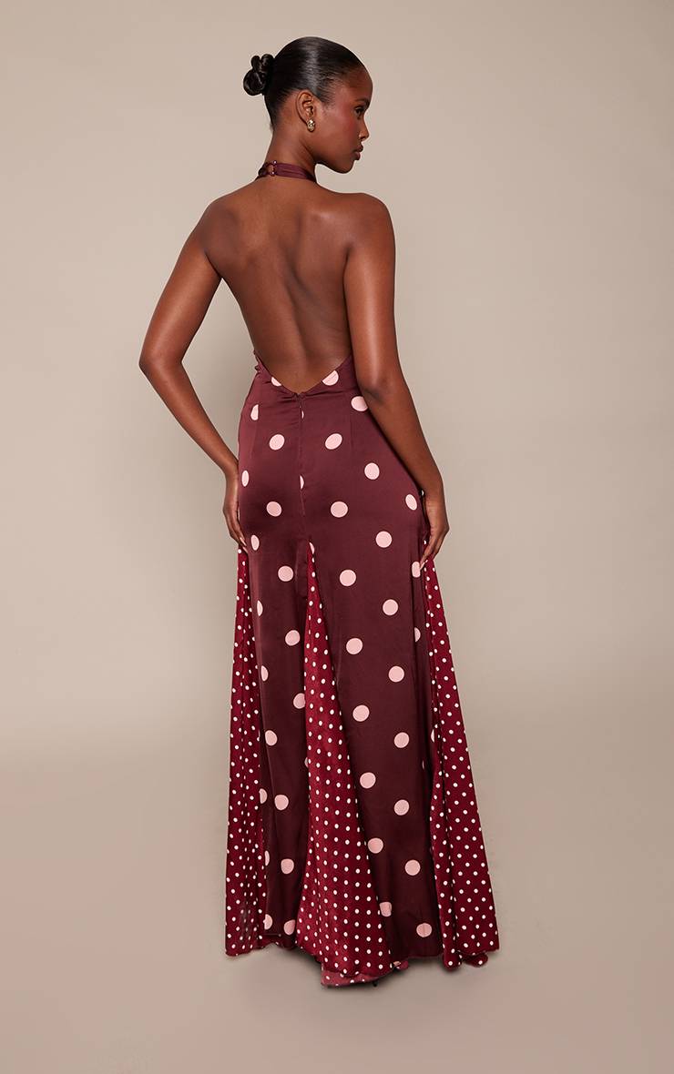 Marron Robe Longue À Col Licou À Pois Contrastés