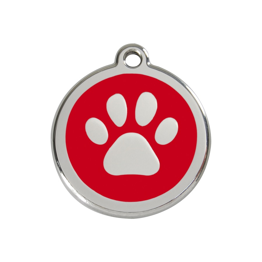 Etiqueta de identificação para cães em aço inoxidável esmaltado vermelho com desenho de esqueleto de peixe.