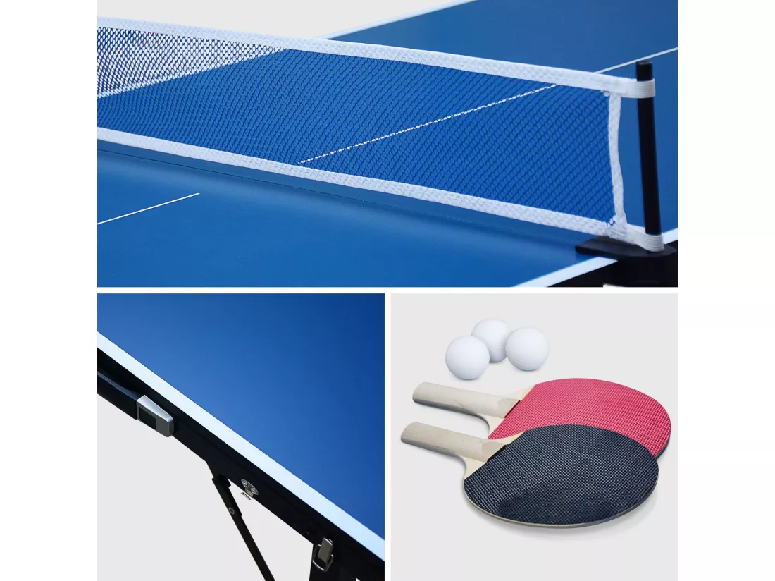 Mini table de ping pong 150x75cm - table pliable INDOOR bleue. avec 2 raquettes et 3 balles. valise de jeu pour utilisation intérieure. sport tennis de table