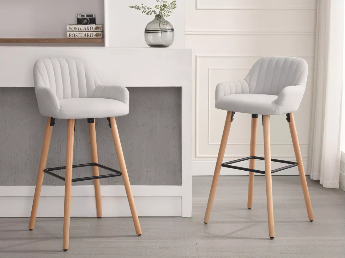 Lot de 2 tabourets de bar en tissu et pieds bois de hêtre - Crème - ELEANA