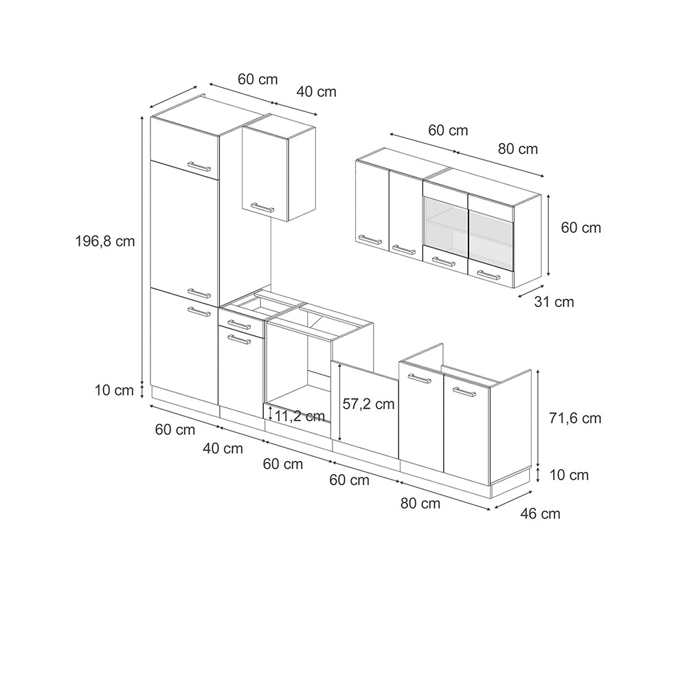 Vicco Küchenzeile R-Line 300 cm Schwarz Beton Eiche ohne Arbeitsplatte