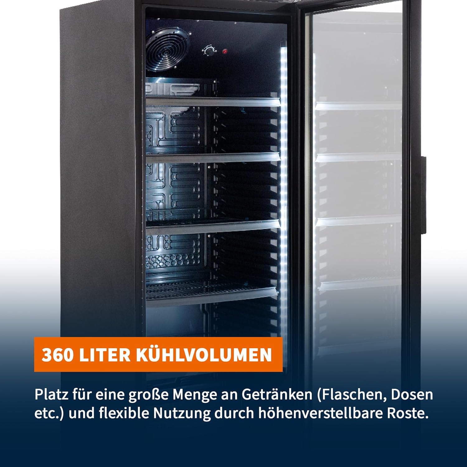 Getränkekühlschrank GKS-360 I 360 L Getränkekühlschrank mit Glastür & LED I Flaschenkühlschrank abschließbar I Bierkühlschrank 0 bis +8 °C