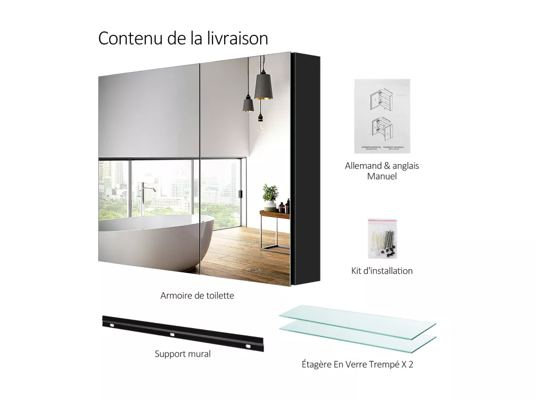 EMKE Armoires de toilette 85x65cm Noir Armoire Salle de Bain en Miroir Double Face