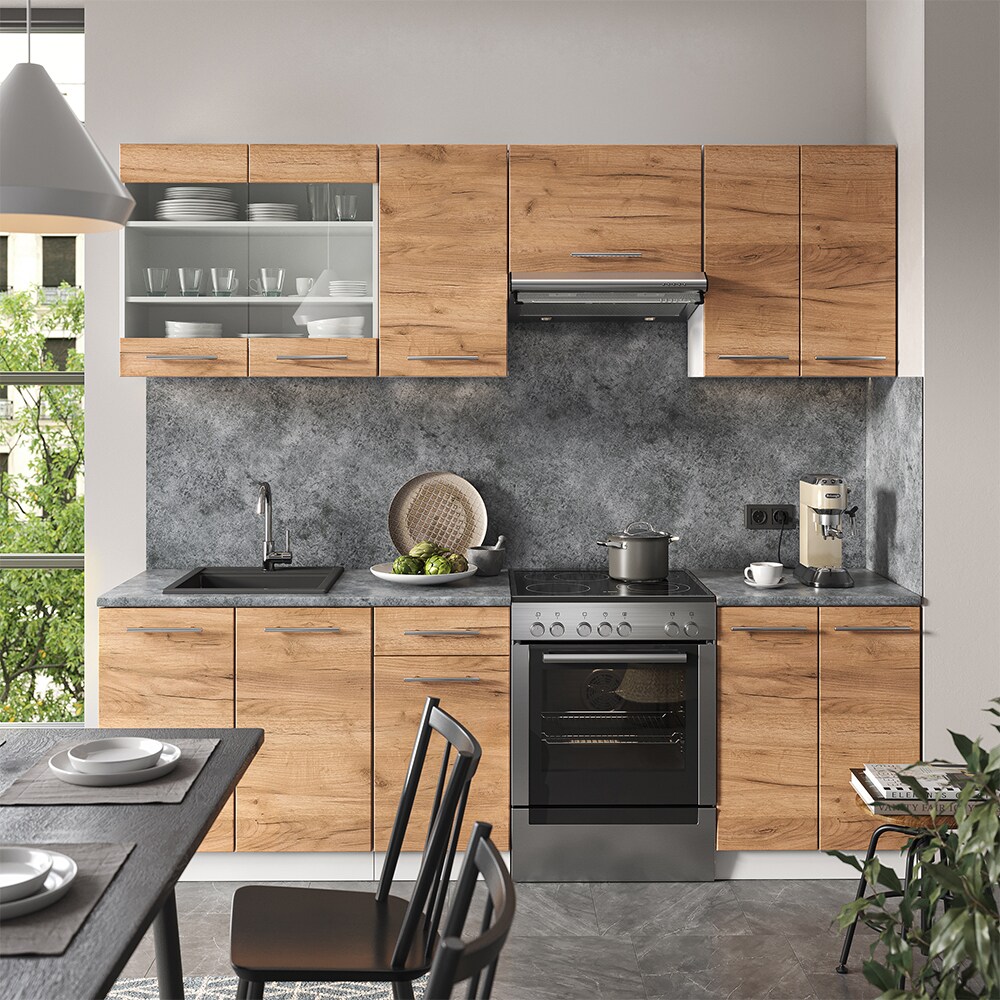 Vicco Küchenzeile Küchenblock Einbauküche Fame-Line Weiß Eiche 240 cm modern Küchen Schränke Spülenunterschrank Schubunterschrank Hängeschrank Hängeglasschrank