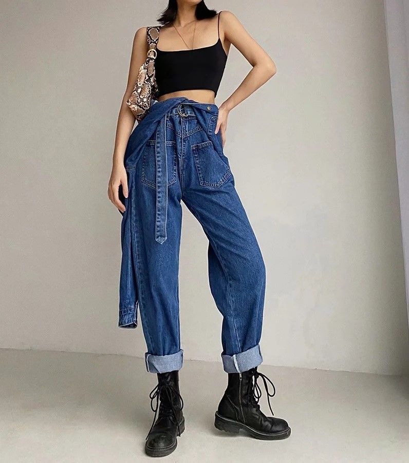 Reknovine - Denim jumpsuit met lange mouwen en riem