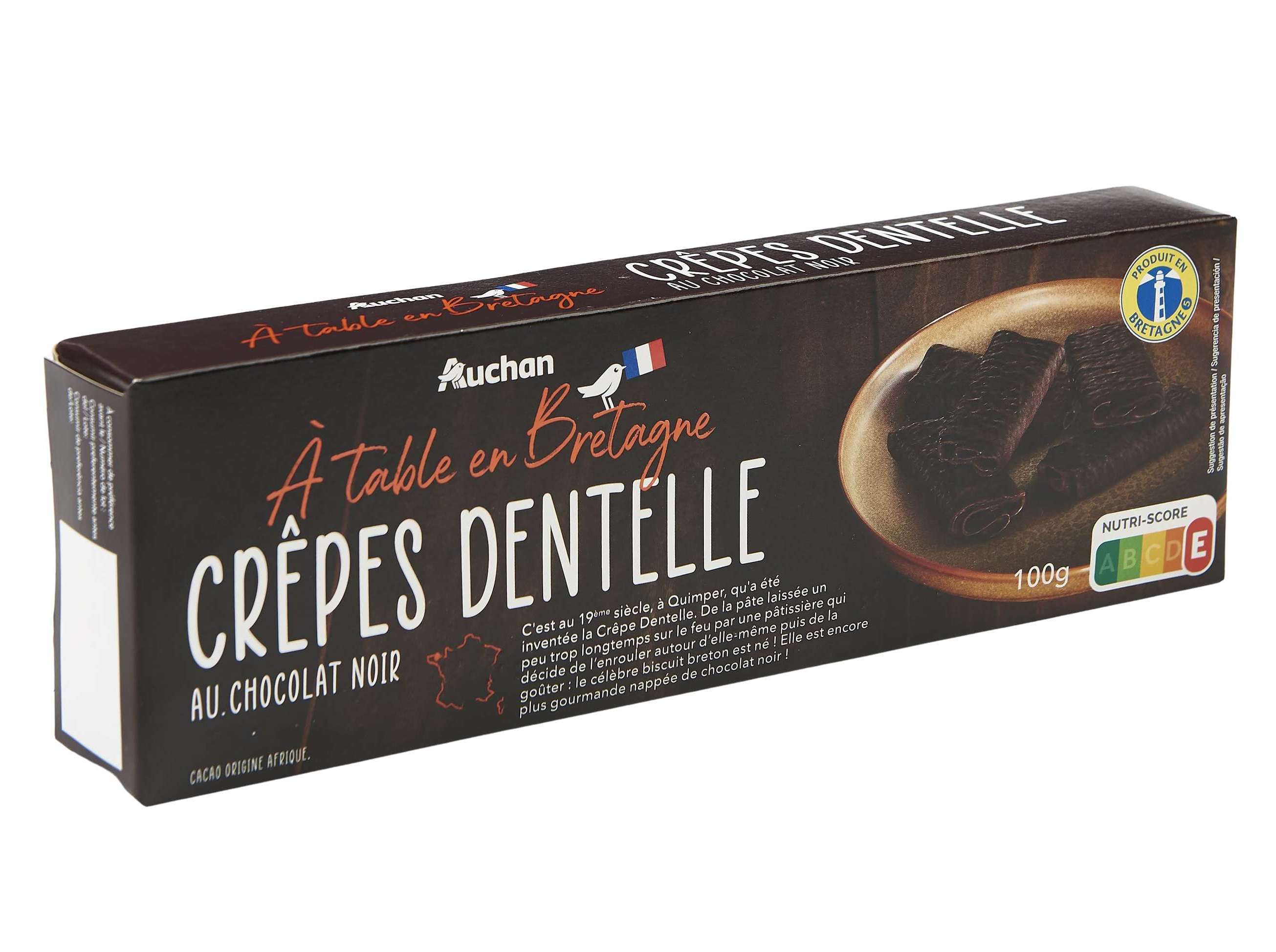 BOLACHA AUCHAN À MESA EM FRANÇA CRÊPES DENTELLE CHOCOLATE 100 G