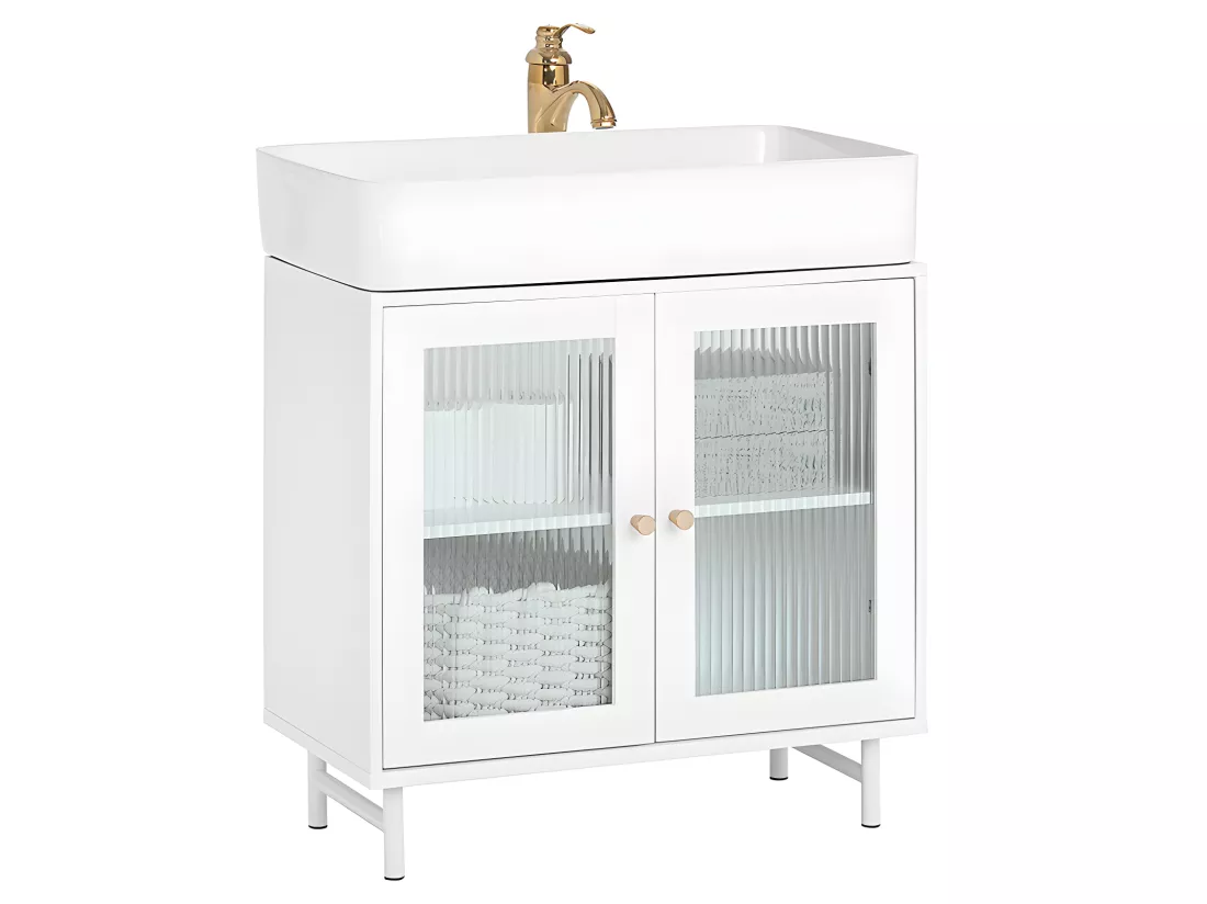 SoBuy BZR115-W Meuble sous Lavabo Salle de Bain, Meuble sous Évier, Armoire de Rangement pour Vasque sur Pieds avec 2 Portes en Verre, Blanc