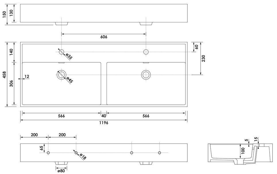 Brauer Gravity dubbele wastafel mineraalmarmer 120cm met 2 kraangaten wit glans