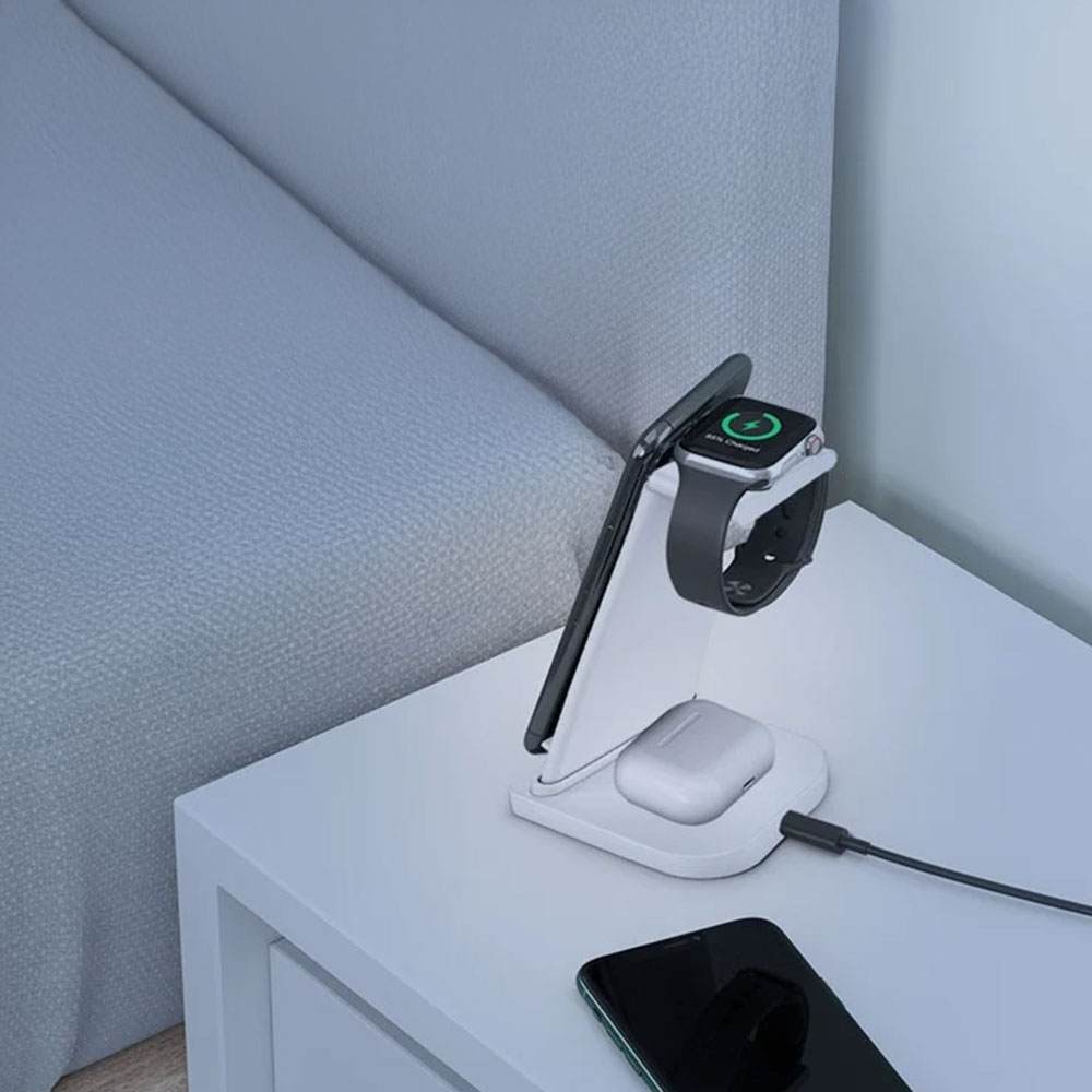 (15W) 3in1 Ladegerät Qi Wireless Charger Ladestation für Apple iPhone / Apple Airpods / Apple Watch - Weiss